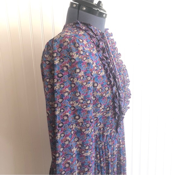 Vintage Ruffles Pleats Floral Dress Long Sleeve Colorful Fuchsia Lavender Silky - Picture 8 of 16